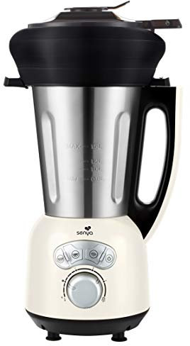Senya Blender Chauffant Inox Cook & Ice V3 Crème, Mixeur Soupe Veloutée/Moulinée, Cuisson Vapeur, Glace Pilée Smoothies, 1,5L, 1400W, et son panier vapeur en silicone piable de 2L SYCP-HB008CA