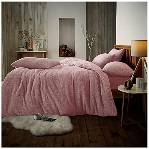 GC GAVENO CAVAILIA Teddy Bear Fleece Plain Single Quilt Cover Set - Soft Thermal Warm & Cosy Fluffy Single Bedding Set - Pink - 137cm x 200cm