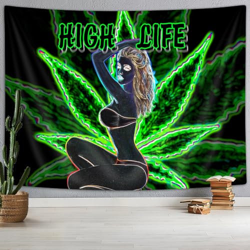 Trippy Weed Kleiner Wandteppich, psychedelische Marihuana-Blatt-Wandteppiche für Schlafzimmer, ästhetisch, Hippie-grünes Hanfblatt, Wandbehang, Wandteppich für Schlafzimmer, 152.4 x 101.6 cm