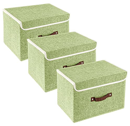 TYEERS Collapsible Storage Box with Lid, Fabric Storage Box for Clothes, Wardrobe Storage, 38x25x25 cm, Set of 3, Green