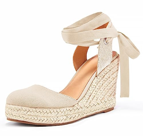 Ermonn Womens Espadrilles Wedge Sandals Platform Closed Toe Ankle Strap Lace Up Slingback Summer Shoes Nude