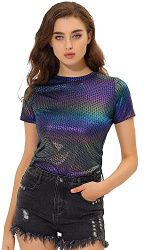 Allegra K Damen Party Metallic Strukturiertes Kurzarm Glänzendes Multicolor TopDunkelblau Large