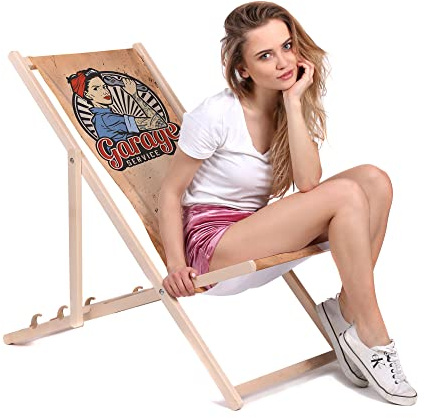 DreamRoots Liegestuhl klappbar Buchenholz, Garage Service | Klappliegestuhl Holz, Buchenholz, bis 130 kg, 3-fach verstellbar, waschbarer Polyesterbezug, für Garten & Terrasse