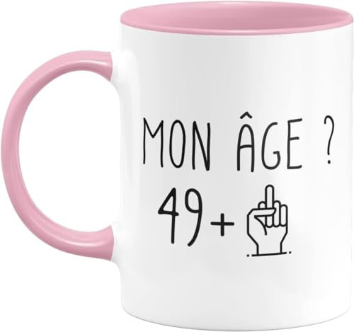 quotedazur Café-Croissant - Mug Personnalisé Humour Anniversaire 50 Ans Mon Âge Doigt Honneur - Cadeau Noël Original Cinquantenaire Tasse 1975 Homme Femme - Rose/Céramique