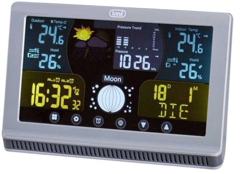 Trevi ME 3P70 RC Stazione Meteo Digitale Radiocontrollata con Display a Colori e Comandi Touch, Barometro, Termometro e Fasi Lunari, Sensore Esterno, Presa USB per Ricarica Dispositivi Esterni