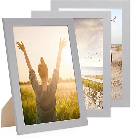 PHOTOLINI Bilderrahmen A4 Holz MDF Set, breiter DIN A4 Bilderrahmen 3er Set 21x30 Silber, bruchsicheres Acrylglas, picture frame zum Aufhängen & Aufstellen, Bilder Rahmen 30x21 mit Zubehör