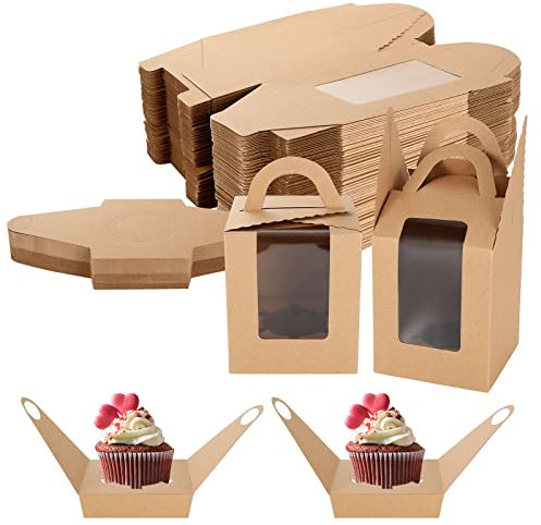 GOYADA 100 Pack Individual Cupcake Boxes, 9.5x9.5x11cm Single Cupcake Box with Window, Cupcake Carrier Holder with Handle and Insert for Muffin, Cupcake, Pastries