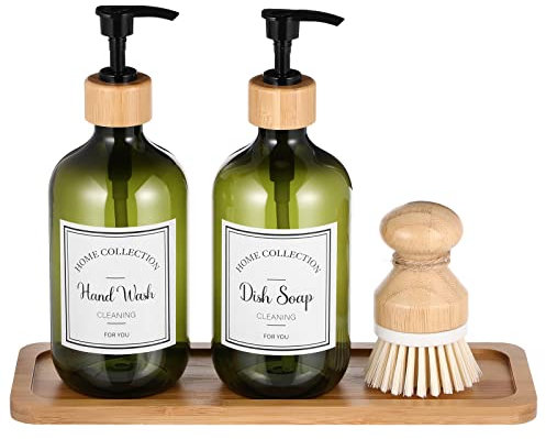 Zopeal Lot de 4 distributeurs de Savon de Cuisine de 473,6 g avec Plateau en Bambou et Brosse à Vaisselle, Distributeur de Savon en Plastique avec étiquettes étanches pour Savon à Main, Lotion (Vert)