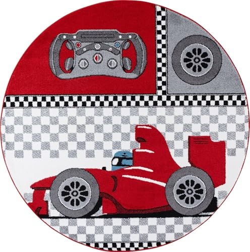 Carpetsale24 Runder Kinderteppich Rennauto Ø120 cm – Weicher Teppich für Jungs – Rotes Rennmotiv & Ideal fürs Spielzimmer