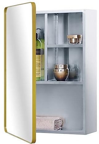 Fundin Edelstahl-Badspiegelschrank mit Spiegeltüren und Mehreren Einlegeböden, Gold, 37 x 53 cm (15 x 21 in)