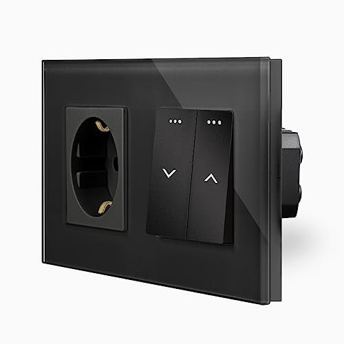 Marco de cristal doble con interruptor de persiana basculante, interruptor de pared + enchufe Schuko, caja de limpieza en marco de 2 compartimentos, pulsador de cristal, persianas, control de pared,