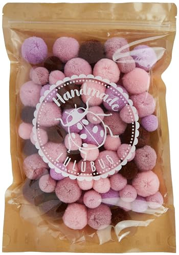 Lulubug Pompons zum Basteln Groß, 100 Stück | 60 x 2cm & 40 x 3cm | Wolloptik, Rosa und Lila Farbtöne | verschließbarer Zipper | Bälle zum Basteln für Kinder und Erwachsene | Wild Berry
