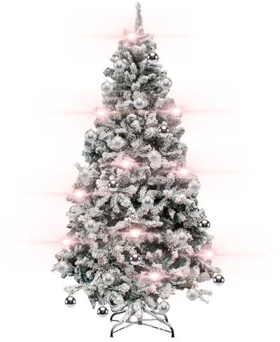ACAN Tradineur - Árbol de Navidad Nevado - Decorado con Set de 42 Bolas con Estrella Color Plata y Luces LEDs Navideñas a Pilas Blancas (300 LEDs) - Altura del Árbol: 150 cm - Fácil Montaje