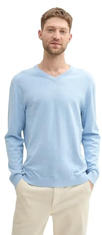 TOM TAILOR Herren Basic Pullover mit V-Ausschnitt aus Baumwolle, 36302 - Bright Wave Blue Melange, XXXL