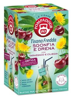 Pompadour® | Infuso Freddo Sgonfia e Drena - 18 Filtri (45 Gr) | Infusioni Acqua Fredda No Caffeina | Tisana Tarassaco e Ciliegia