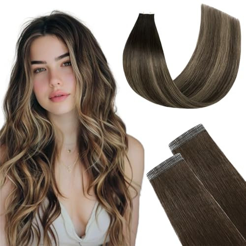 FUOTONBUTY Extensiones Adhesivas Pelo Natural Doble Costura, Extensiones Pelo (Marrón Oscuro a Marrón Castaño, 55cm)