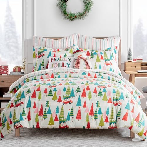 Levtex Home Holly Jolly Bettbezug-Set – King-Size-Bettbezug + 2 King-Size-Kissenbezüge – Weihnachtsbaum – Rot/Grün/Blaugrün – Bettbezug (269,2 x 238,8 cm) und Kissenbezug (91,4 x 50,8 cm) – Polyester