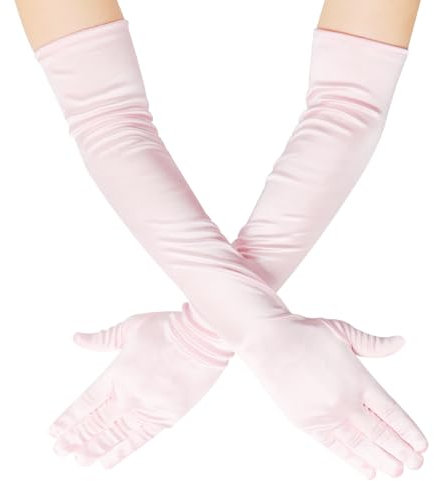 TECDW Lange Damenhandschuhe, 1 Paar handschuhe schwarz lang, satin handschuhe lang, 1920er Jahre Stil für Partys, Halloween, Fasching und Festtagsfeiern (Rosa)