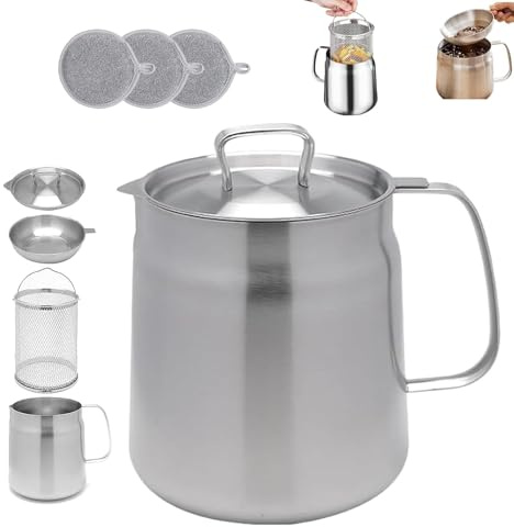Smoohh 2-in-1 304 Stainless Steel Multifunctional Oil Strainer Pot, Large Capacity Versatile Oil Filter Vessel Tank, Oil Pot with Strainer, Frying net Tank for Kitchen/Camping(68oz/2L)