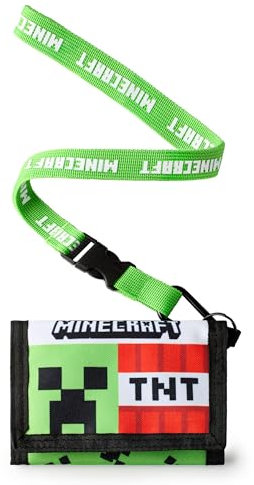 Minecraft Portefeuille à Sangle pour Garçons | Portefeuille Triptyque Vert avec Imprimé Visage de Personnage Creeper et TNT Block pour Enfants | Porte-Argent pour Enfants avec Sangle Logo