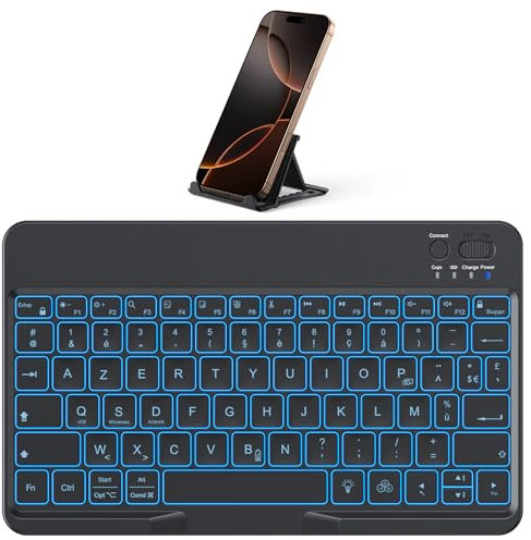 OMOTON Tastiera senza fili Bluetooth con supporto, mini tastiera portatile retroilluminata ricaricabile silenziosa, tastiera AZERTY francese per iOS Android Windows, nero