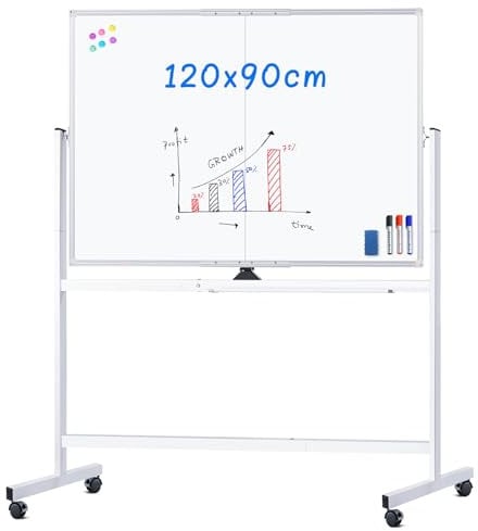 maxtek Whiteboard with Stand 90x120 cm, Magnetic Double Sided Easel White Board with Rolling Wheels, Portable Dry Erase Whiteboard with Stand, Mobile Standing Board for Office Classroom