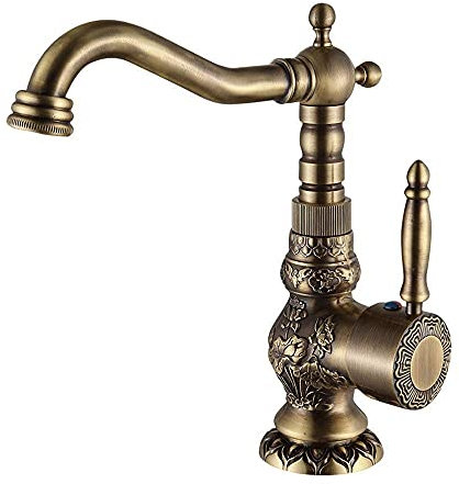 Faucet Küchenarmaturen, Wasserhahn, rustikal, geschnitzt, antik, komplett aus Kupfer, Badezimmer, Waschbecken, Heiß- und Kaltwasserhahn, 360° drehbar, WC-Waschtischmischer, Wasserhahn, massives