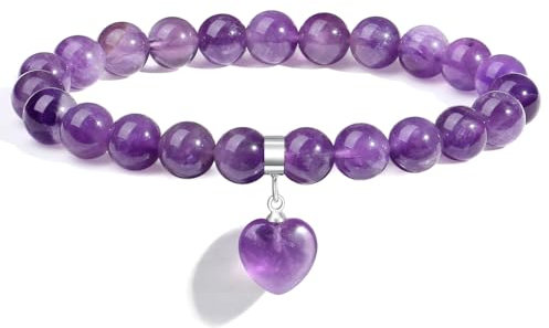 AWARDSEN Amethyst Armband Edelstein Violett Herz Heilsteine Armband Damen, Violett Kristall Armband Edelstein 8mm Edelstein Schmuck Geschenk für Frauen