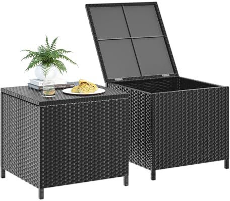 UDPATIO 2er Set Polyrattan Couchtisch mit Staufach & Deckel, Beistelltisch Outdoor, Gartentisch Wetterfest, Balkontisch, Aufbewahrungsbox for Balkon,Terrasse,Garten,53x53x45CM,Schwarz