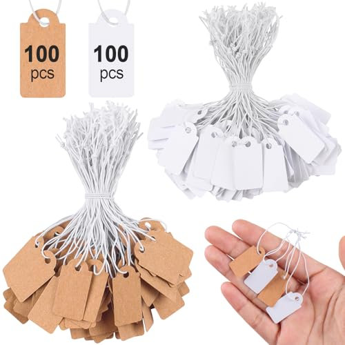 Caianwin 200 Stück Mini Preisschilder Anhänger mit Elastische Kordel, 26 x 13mm Etiketten Anhänger, Weiß und Braun Kleinen Hängeetiketten für Schmuck Display