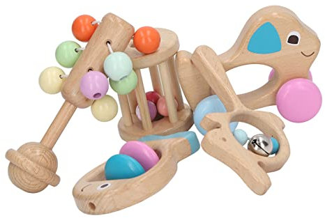 Rasseln mit Glocke, 5-teiliges Baby-Rasselspielzeug-Set aus Holz für Neugeborene, Lustig, Niedlich, Glatter Fisch, Hund, Auto-förmiges Rasselspielzeug