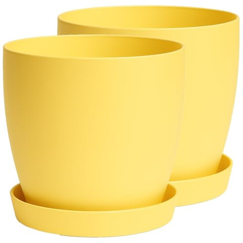 Home Garden Ornaments Plant Pots Indoor, Set of 2 with Saucers,6 Pastel Colours, Indoor Plant Pot, 8 Sizes (Yellow, 14cm / 5.5 inch)