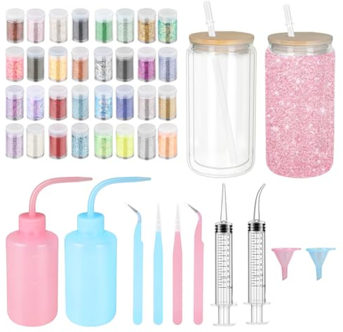 SACXFMC Schneeballbecher-Set, 44-teilig, DIY-Schneeballbecher mit 473 ml vorgebohrtem doppelwandigem Glas, Deckel, Strohhalm, Quetschflasche, Trichter, Glitzer, Pinzette und gebogener Spritze