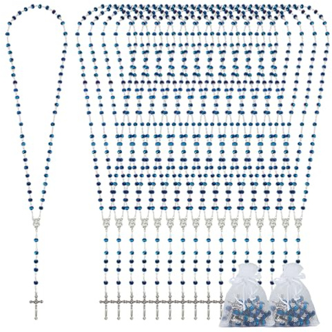ORIGACH Chapelet de perles avec pendentif en forme de croix en vrac - Avec sacs en organza - Cadeaux religieux pour première communion chrétienne, 85 cm, Verre