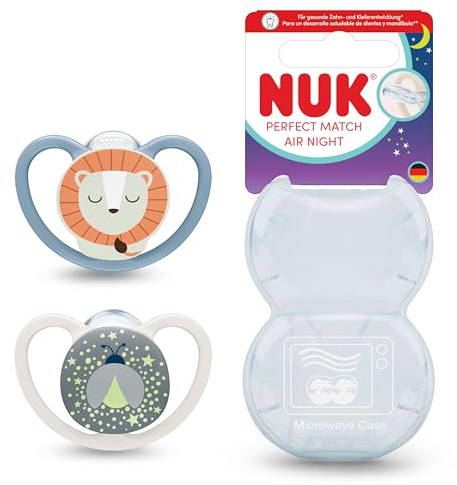 NUK Perfect Match Air Night Baby-Schnuller | 6-18 Monate | Leuchtende Schnuller, die Luftzirkulation fördern & Speichelrash verhindern | 95% Baby-Akzeptanz** | Löwe | 2 Stück