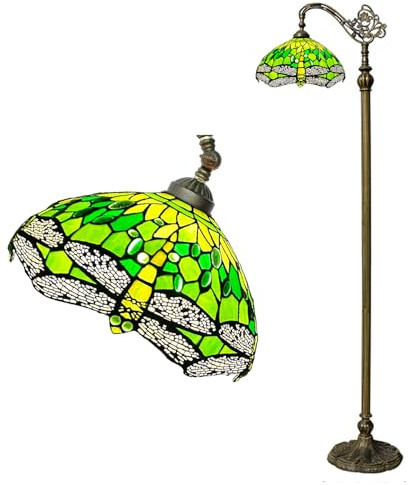 BOTOWI Lampada da Terra Lettura, Lampada da Pavimento con Braccio a Collo D'Oca in Vetro colorato per Leggere Lampada Alta in Stile Antico con Libellula arcuata per Soggiorno Camera da Letto,Verde