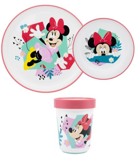 Disney Minnie Maus Kinder Geschirr-Set 3-teilig – Teller, Schüssel & Henkelbecher – Antirutsch-Unterseite – Offizielles Minnie Frühstücksset für Kinder