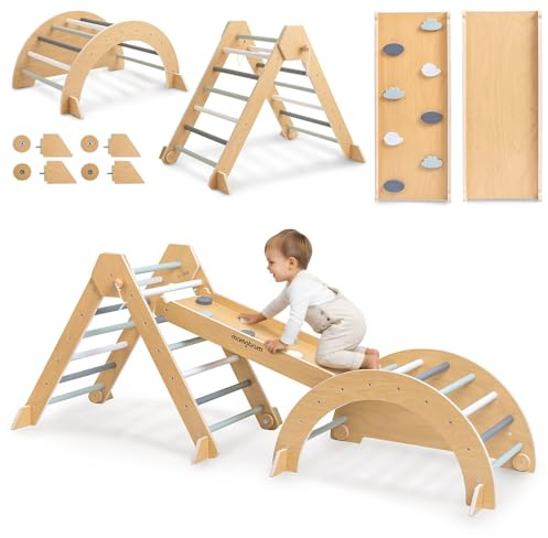 Mamabrum Parco giochi in legno per bambini - Triangolo Pikler, Arco da Arrampicata, Scivolo Doppio Lato - Set Sport Montessori per la Casa, Pieghevole, Sicuro