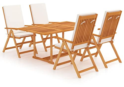 Ziaphsol 5-Piece Garden Dining Set Teak Wood Fine Sanded 150 x 90 cm Table with Umbrella Hole Adjustable Chairs Cream White Cushion for Patio and Balcony