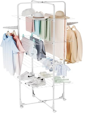 Innotic Etendoir Linge Interieur Pliable, Séchoir à Linge Tour à 4 Niveaux, avec 4 Roues, Facile à Déplacer et à Transporter, 48 Barres et 2 Flancs Grand Espace Seche Linge, Blanc
