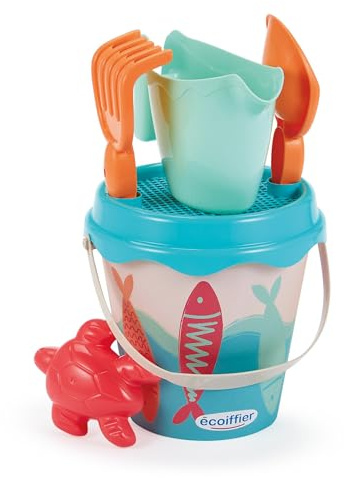 Ecoiffier - Strandeimer für Kinder, 17 cm, Motiv Sardine, Gießkanne, Schaufel, Rechen, Sieb inklusive, ab 18 Monaten, Spielzeug für Kinder – 262