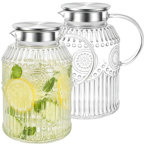 Kingrol 2 Pack 60 oz Clear Plastic Pitchers with Lids and Handles, 1.8L Cold Water Jugs with Stainless Steel Dual-Pour Lids, Vintage Textured Drink Pitchers for Iced Tea, Lemonade, Juice, Fruit Water