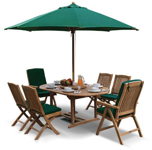 Jati Lorenzo Teak Extending Garden Table and Folding Chairs Set- 2 Reclining Chairs/4 teak side chairs with GREEN Cushions, FSC parasol and base Brand, Quality & Value