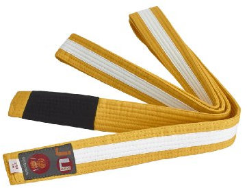 Ju-Sports BJJ Kindergürtel - gelb mit weißem Streifen, Baumwolle 4cm breit I BJJ Gürtel mit schwarzem Abschnitt für Zwischenstufen I Mehrfach gesteppt I 220 cm