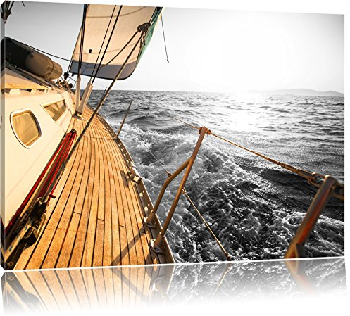 Pixxprint schief liegendes Segelboot B&W, Größe: 100x70cm, Leinwandbild, fertig gespannt, Wandbild, Dekoration, Kunstdruck, kein Poster