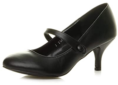 AJVANI Womens Ladies Low mid Heel Mary Jane Strap Work Party Court Shoes Pumps Size
