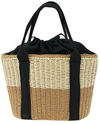 Minetom Sac Paille Femme Sac Tissé Sac à Bandoulière Tissage Sac à Main Rétro Grande Capacité Tressé Sac de Voyage Chic Bowknot Naturel Bag A Kaki+Beige Taille Unique