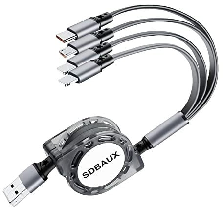 SDBAUX Câble Multi USB 3A, 4 en 1 Chargeur Universel Rétractable Charge Rapide Câble avec 2*iP Micro USB Type C pour iPhone, Samsung Galaxy S24 S23 S20 S10, LG, Huawei, Xiaomi, Moto, Sony, PS5-1M