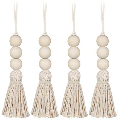 BESPORTBLE 4 Pcs Tassel Wood Beads Ornaments Natural Cotton Line Decor Tassel Pendant for Cabinet Closet Porch