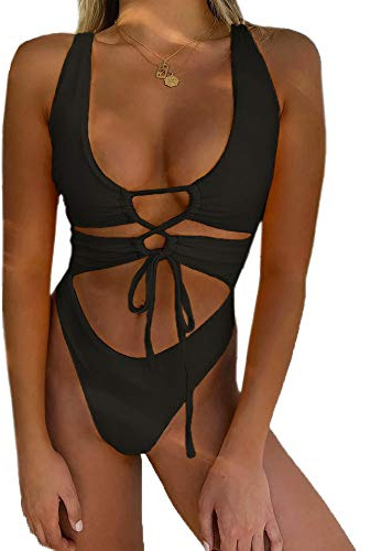 CHYRII Traje de baño Sexy de una Pieza para Mujer, con Cordones, Espalda Descubierta, Corte Alto, Monokini, Negro -, S